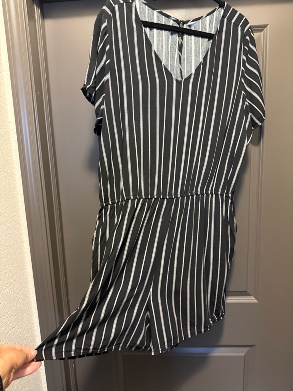 Old Navy Black and White Striped V-Neck Romper